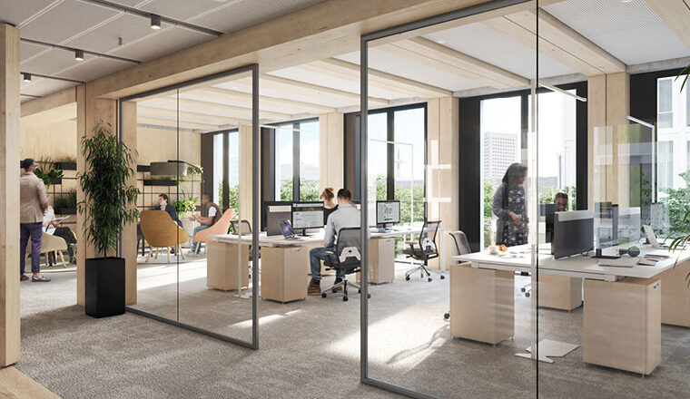 Personen arbeiten in einem hellen, modernen Büro