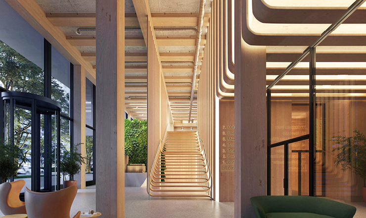 Großzügiger Foyer mit viel Holz und Tageslicht